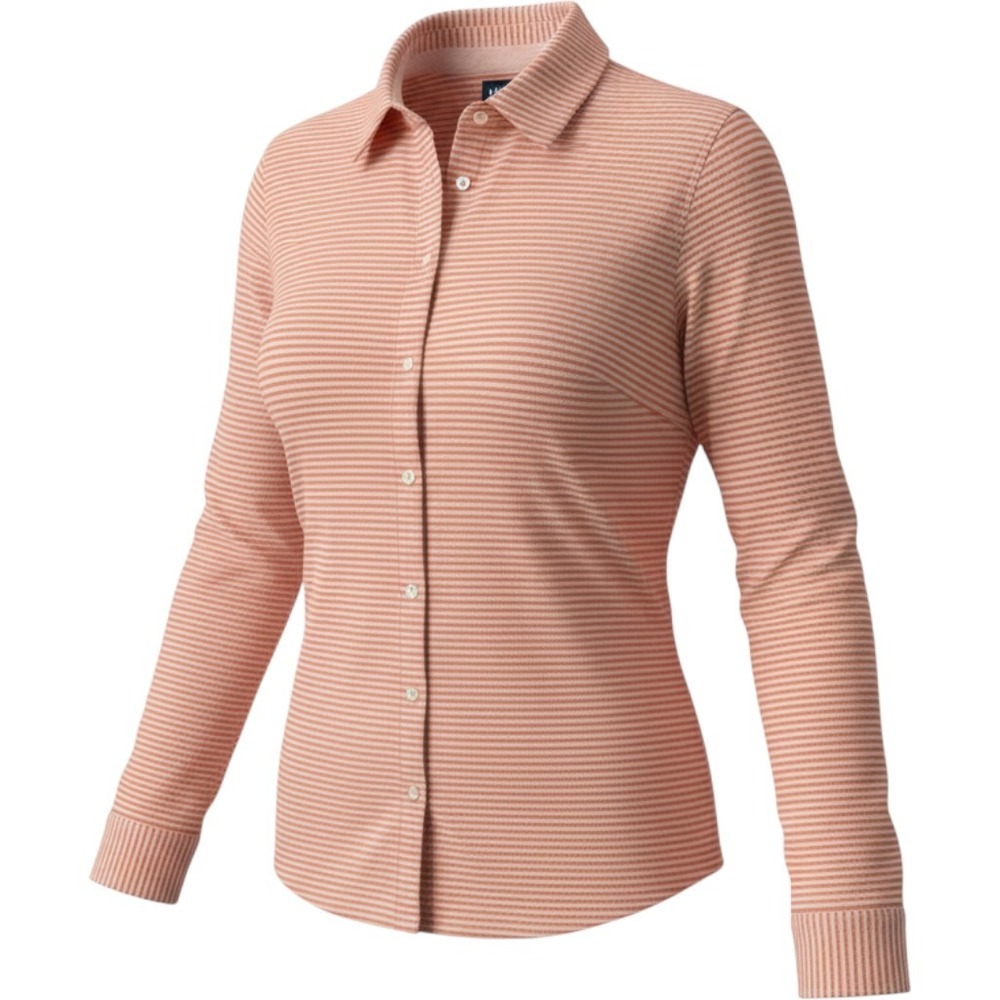 Lands End Womens Medium Tall Striped Button Down Shirt Terracotta White Cotton